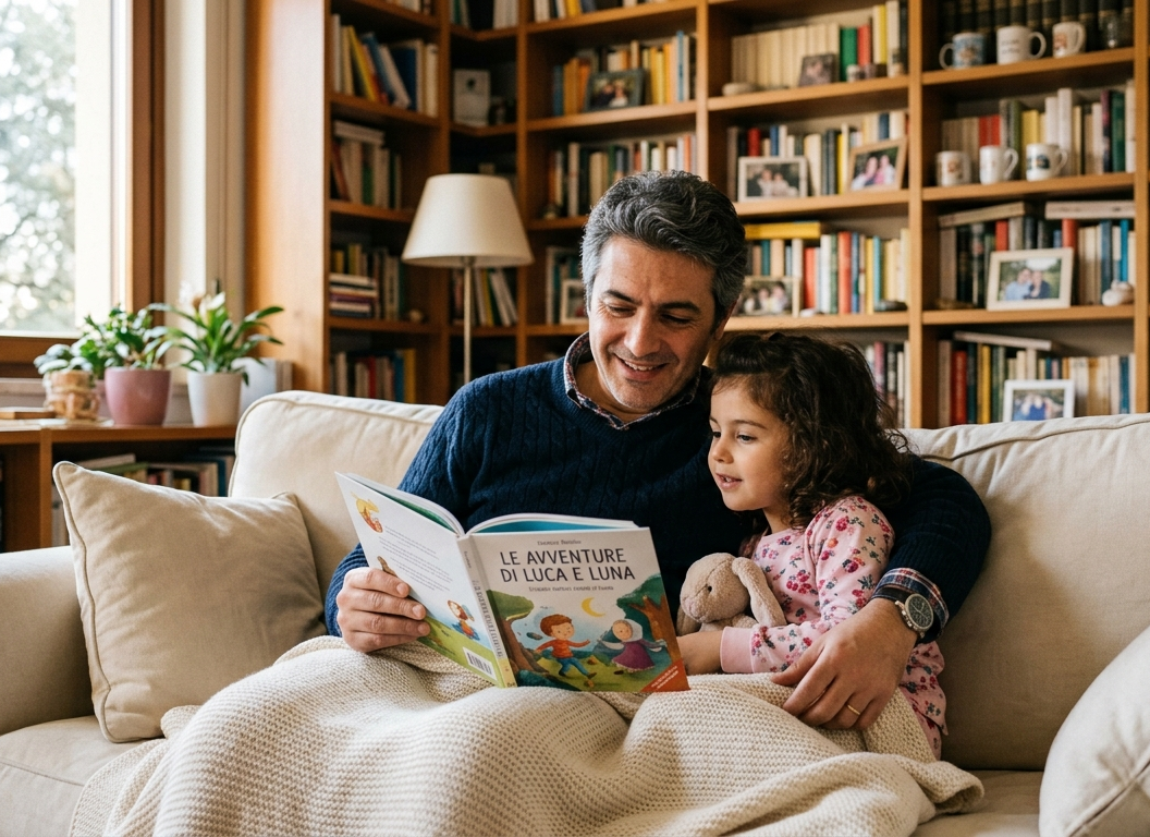 Padre italiano che legge un libro alla figlia sul divano