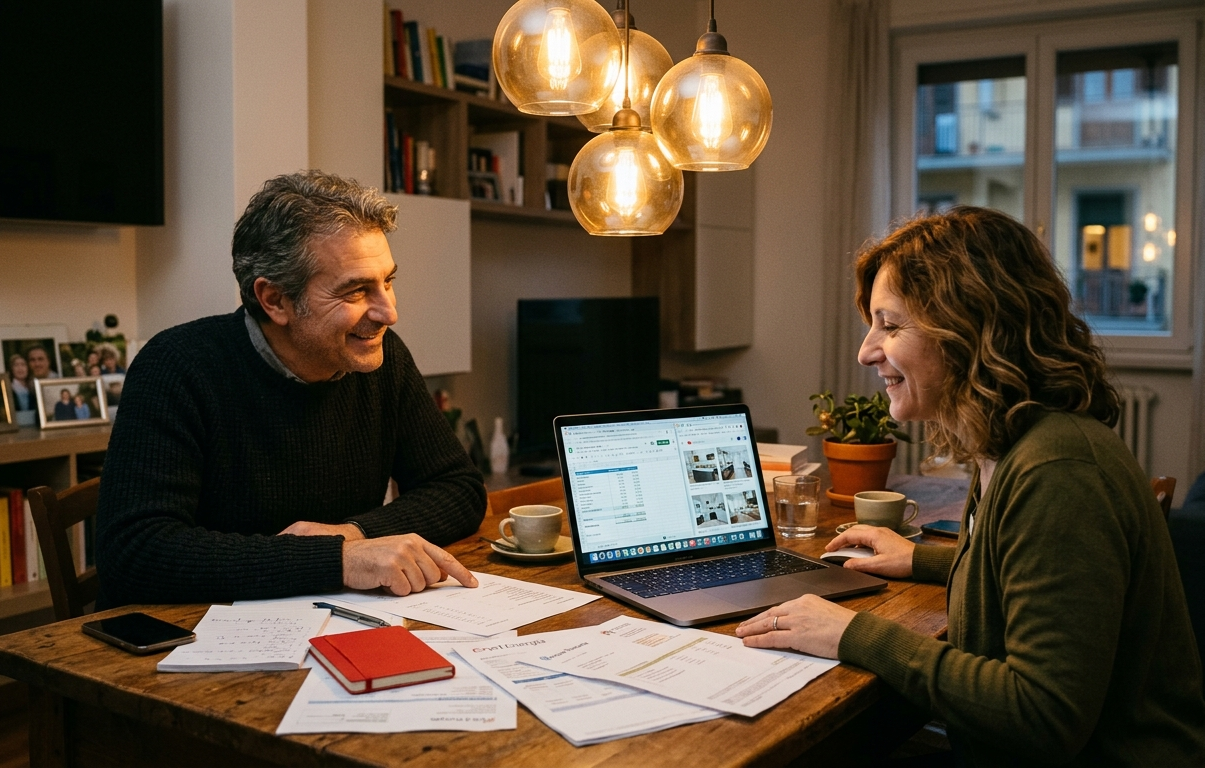 Coppia italiana seduta al tavolo da pranzo con laptop e documenti per la pianificazione familiare