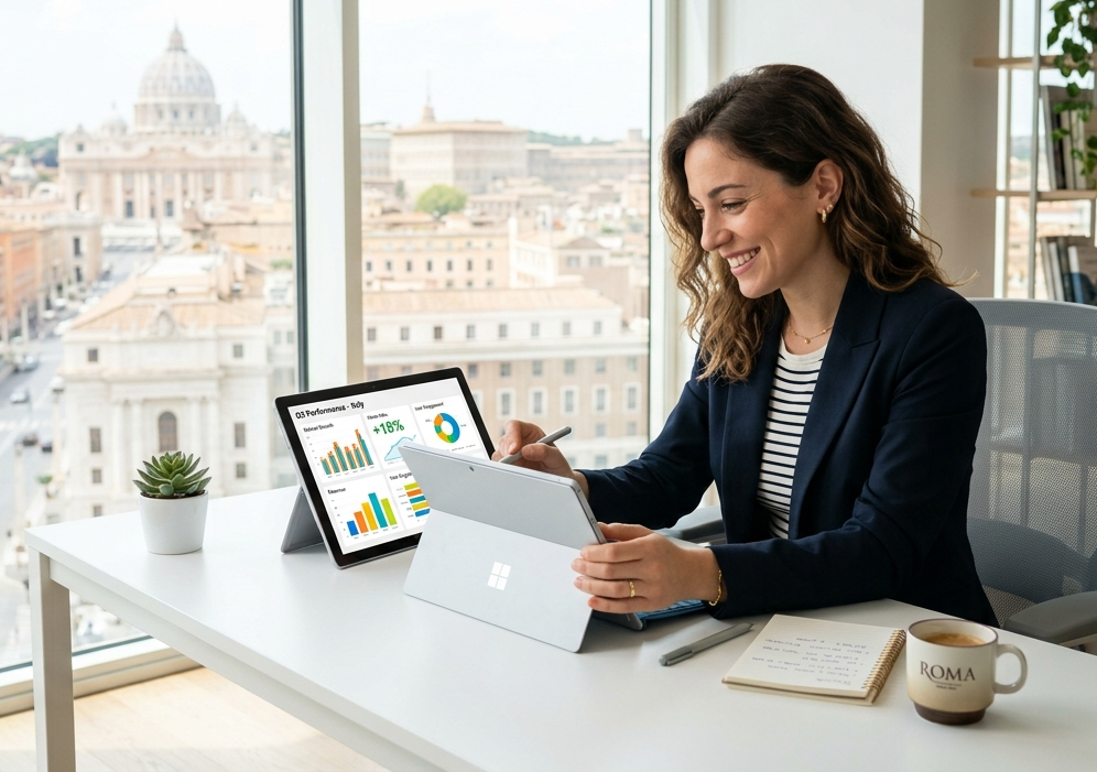 Giovane professionista italiana che utilizza un tablet con grafici colorati sullo schermo